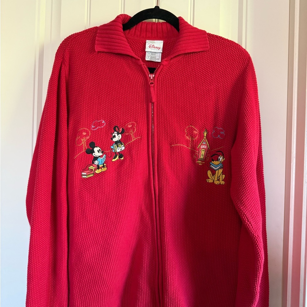 Vintage Disney Red Knit Schoolhouse Sweater with Mickey & Friends Embroidery